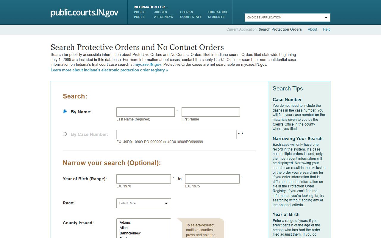 Wayne County court dockets Indiana Protection Order Registry source