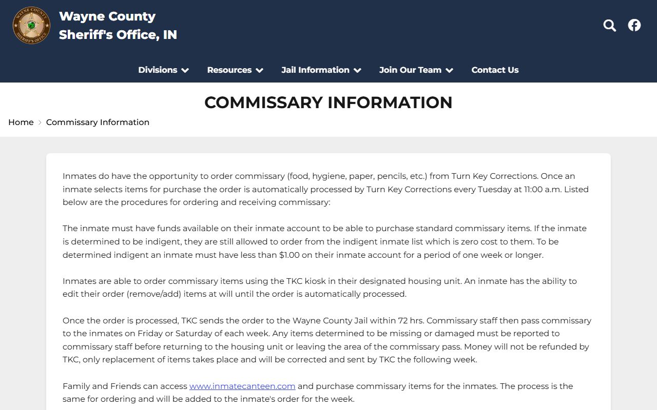 Wayne County inmate records Sheriff commissary information route