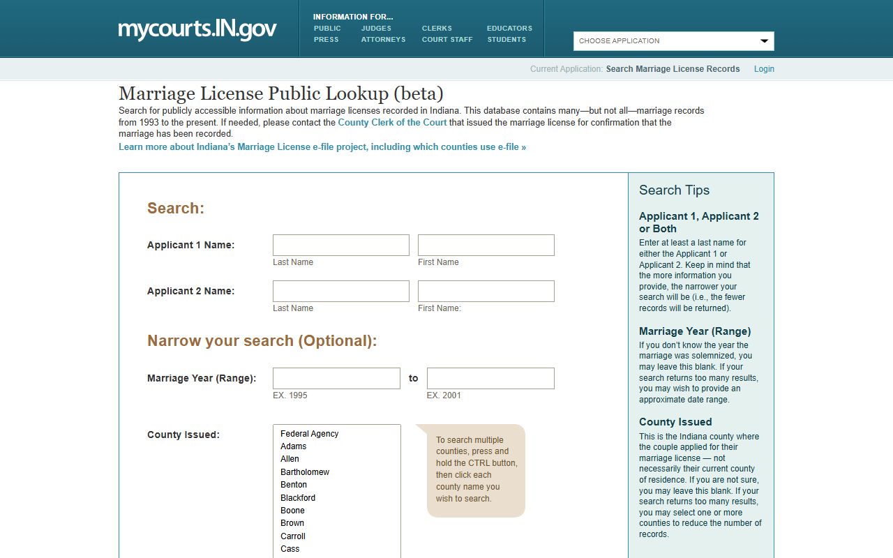 Wayne County marriage records Indiana Marriage License Public Lookup source