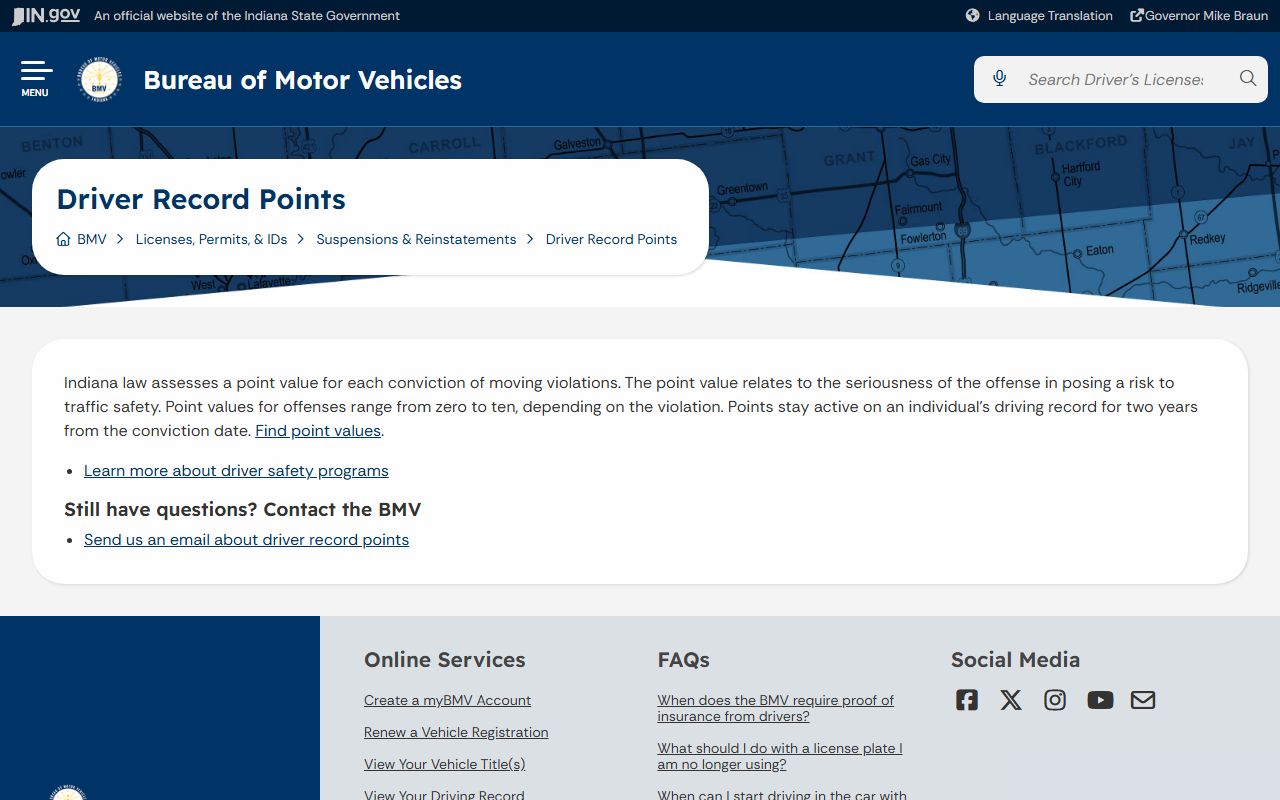 Wayne County traffic court records Indiana BMV driver record points source