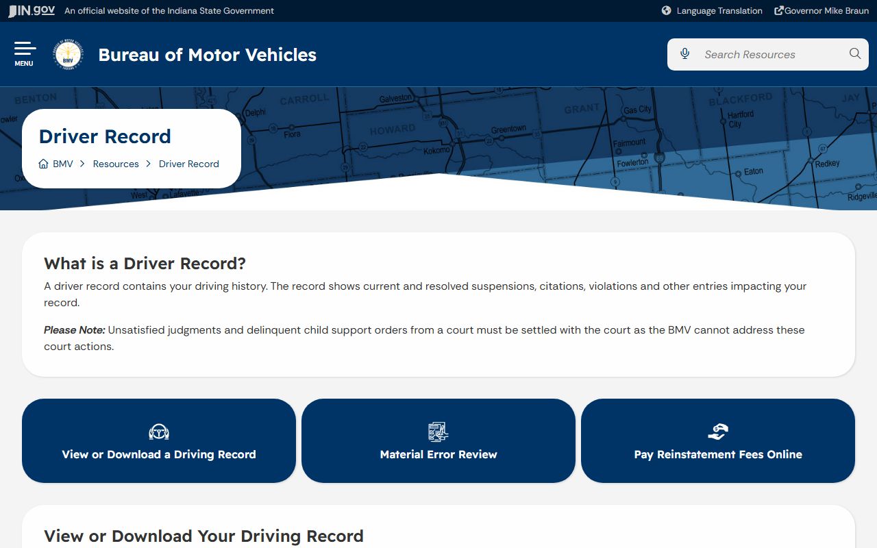 Wayne County traffic court records Indiana BMV driver record source